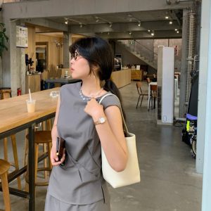 MBH French Minimalist Small Bucket Shoulder Bag in Top Layer Cowhide with Storage Pouch
