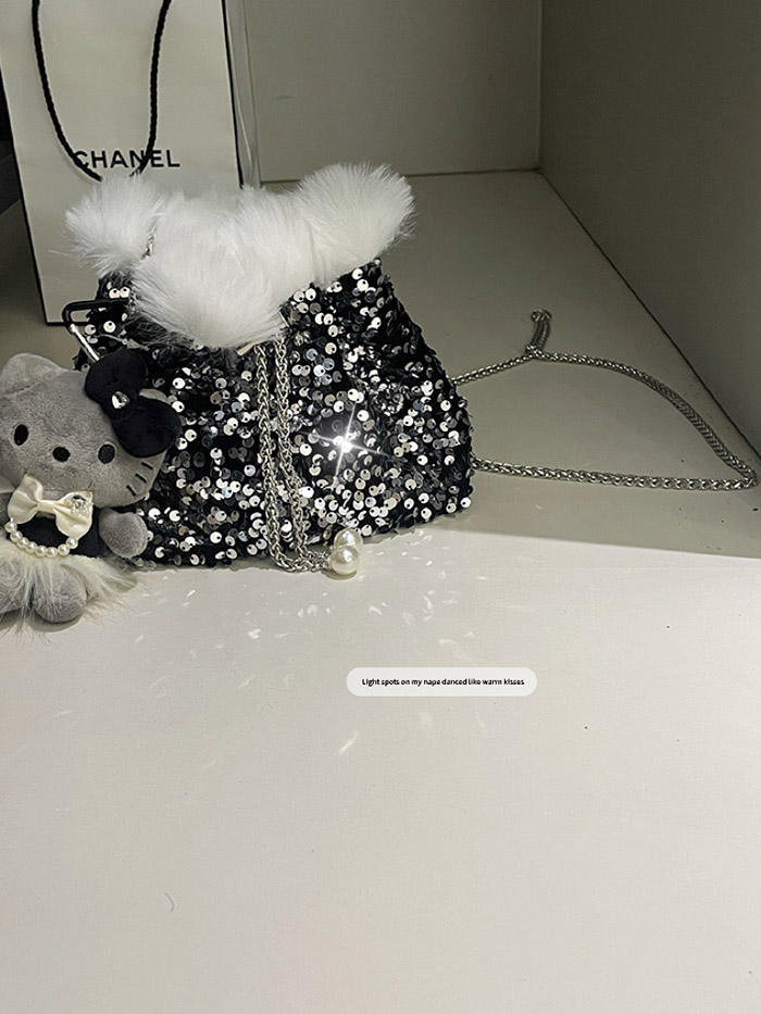 Sparkling Sequin Faux Fur Bucket Bag for Women Winter Christmas Crossbody - Image 2