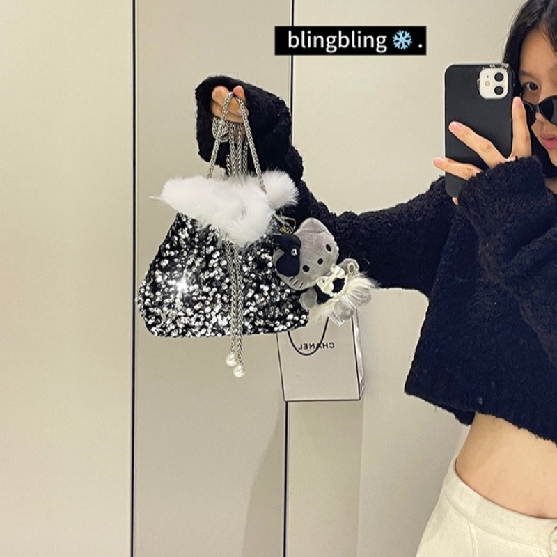 Sparkling Sequin Faux Fur Bucket Bag for Women Winter Christmas Crossbody - Image 5
