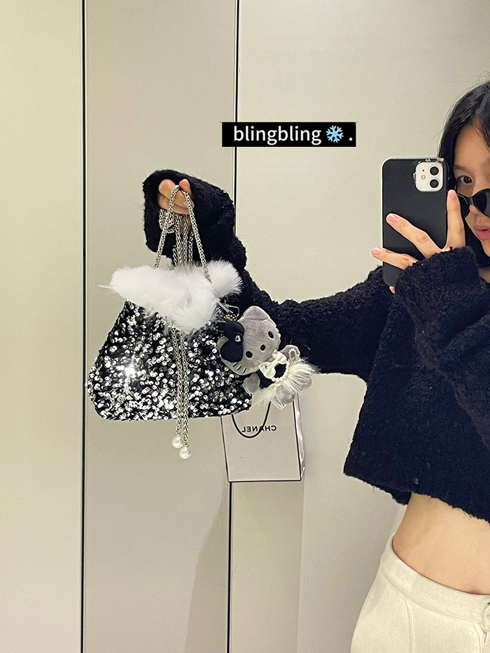 Sparkling Sequin Faux Fur Bucket Bag for Women Winter Christmas Crossbody