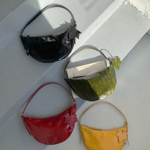 Eel Grain Top Layer Cowhide Crescent Shoulder Bag with Maple Leaf Charm