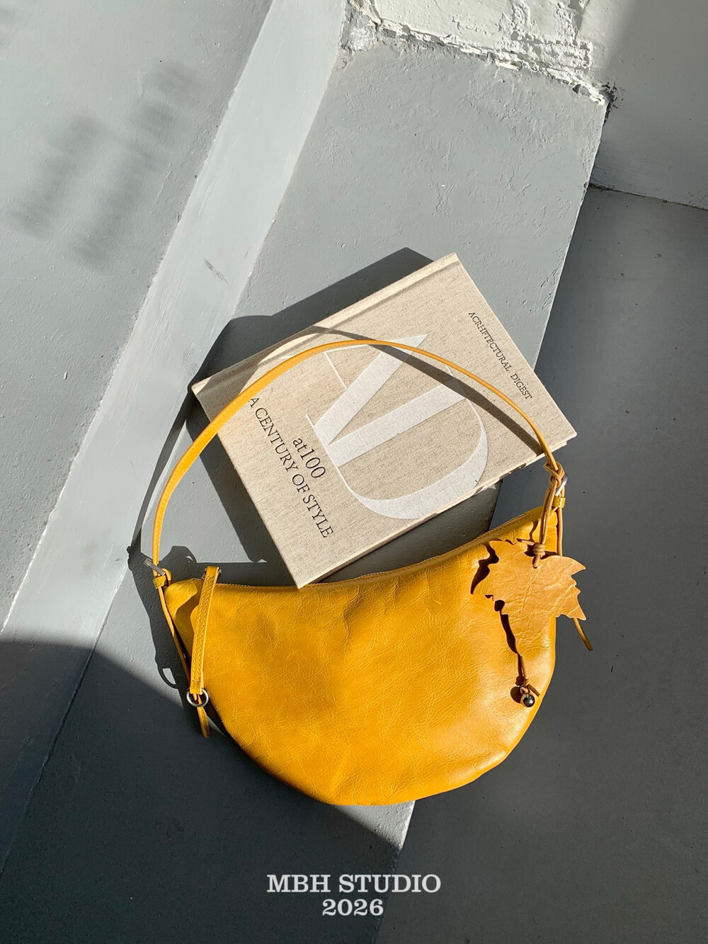 Eel Grain Top Layer Cowhide Crescent Shoulder Bag with Maple Leaf Charm - Image 2