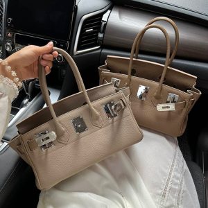 MBH Long Handle Horizontal Platinum Bag Silver Buckle Top Layer Cowhide Fashion Lock Real Leather Handbag Shoulder Bag