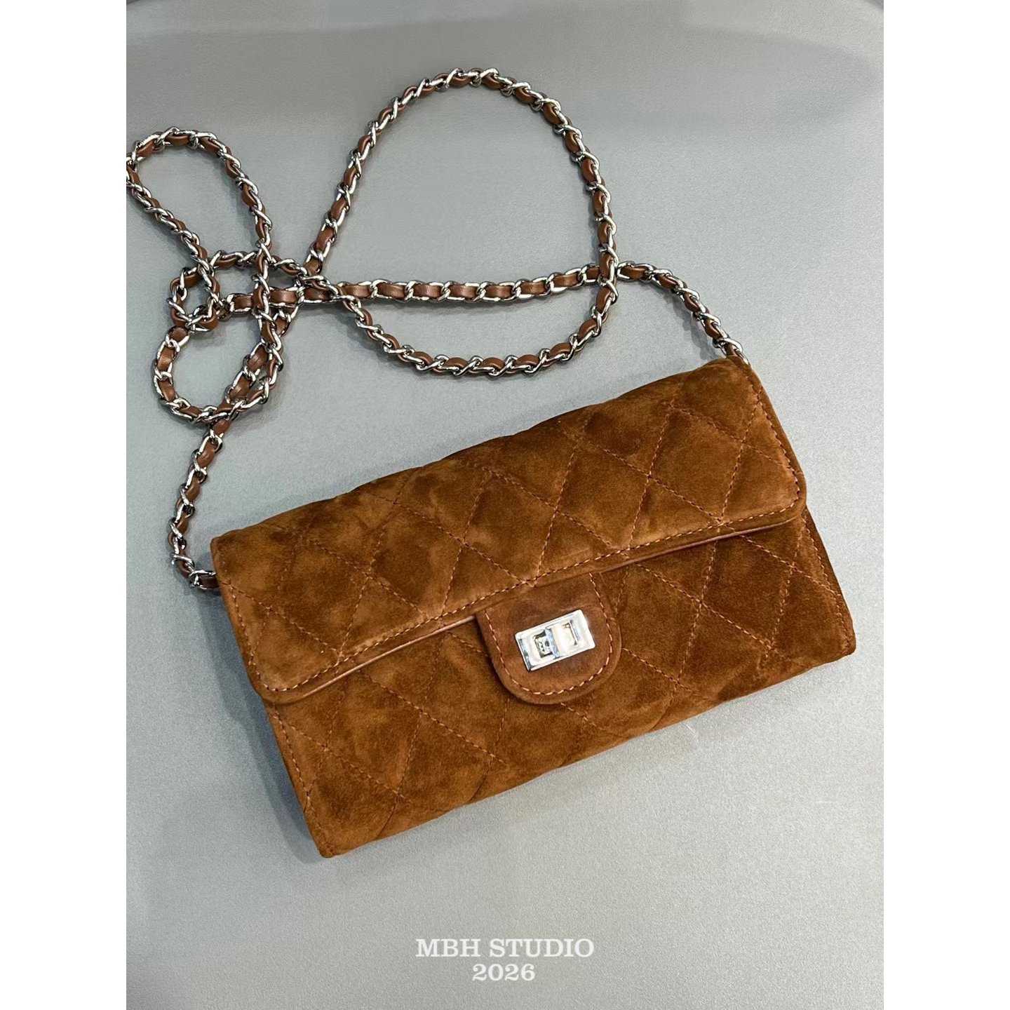 MBH Quilted Suede Leather Chain Envelope Crossbody Bag - Image 5